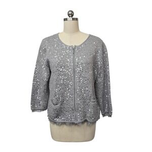 Chicos Silver Sequin Full Zip Knit Cardigan Sweater Tulle Trim Size 2 Large